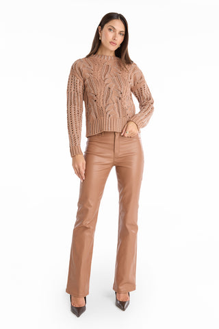 A woman with long brown hair and a neutral expression stands against a white background wearing the Elea Crystal Knit Sweater in mocha, paired with high-waisted brown leather pants and brown heels, one hand resting on her waist.