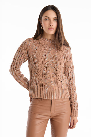 Woman with long brown hair wearing the Elea Crystal Knit Sweater in Mocha, paired with matching high-waisted faux leather pants, posing against a plain white background.