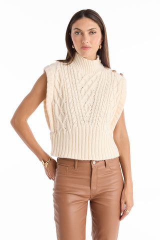 Raina Cable Knit Button Sweater - Pearl