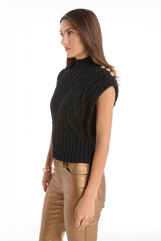 Raina Cable Knit Button Sweater - Black