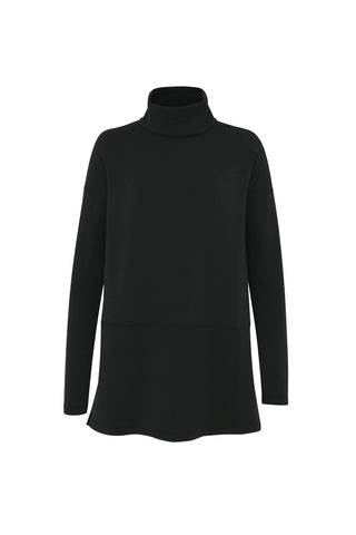 The Daphne Top - Black is showcased against a white background, featuring a long-sleeve turtleneck design. Made from a soft modal blend, this top offers a loose fit with seam detailing at the waist for a layered appearance. Its lightweight and breathable fabric makes it ideal for travel or running errands.