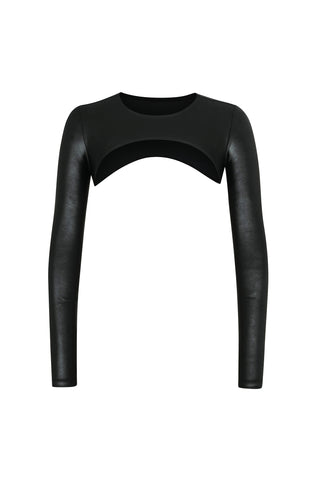A Liquid Shrug - Black Gloss is showcased against a white background. This long-sleeve bolero top is designed with a round neckline and without a front closure, gracefully covering the arms and shoulders.