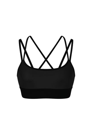 The Liquid Jolie Bra - Black Gloss is a must-have sports essential that boasts crisscross straps and a sleek design. Made with 4-way stretch and moisture-wicking fabric, it features a scoop neckline and a wide elastic band for unparalleled comfort and support.