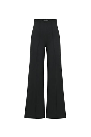 The Ava Ponte Wide Leg Pant - Black is presented against a plain white background, showcasing its high waist, tailored seams, and wide-legged design.