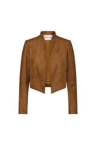 The Yasmin Suede Jacket in cognac is a cropped, suede-like jacket with long sleeves and an open front, shown on a white background.