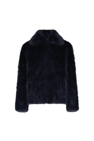 The Dani Fur Coat – Navy is a cruelty-free, dark navy blue faux fur coat featuring long sleeves and a wide collar, shown against a plain white background.