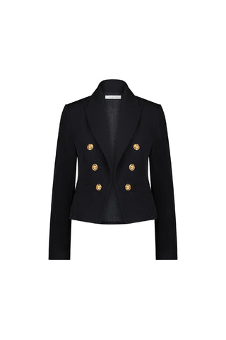 The Gabrielle Double Breasted Blazer - Black features long sleeves, wide lapels, and six gold buttons in two rows for a timeless double-breasted silhouette.