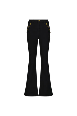 The Allegra Bootcut Jean - Black features a high waist and six gold buttons in two front rows by the pockets. These black flared jeans add vintage flair and are shown against a plain white background.