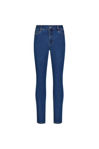 The Layla Skinny Jean - Medium Blue is showcased on a plain white background, featuring stretch denim, visible front pockets, belt loops, and a button closure.