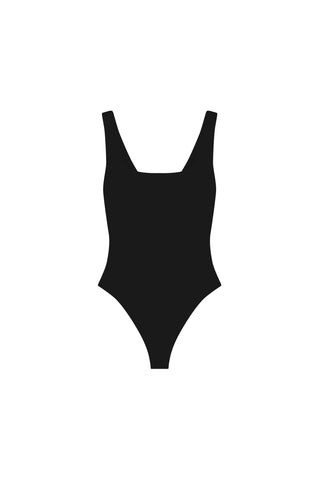 The Loren Bodysuit - Black is a classic one-piece made from stretch fabric, featuring wide shoulder straps and a high-cut leg. Shown on a plain white background.