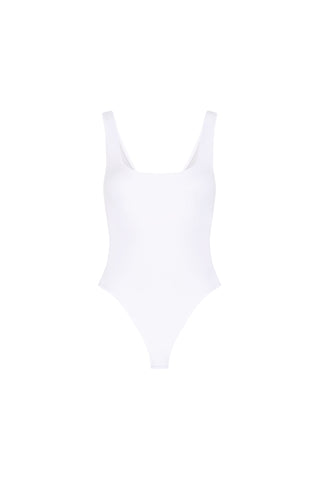 The Loren Bodysuit - Pearl is a plain white, stretch bodysuit with a scoop neckline and high-cut legs, displayed on a white background. It's machine washable for comfort and convenience in everyday wear.