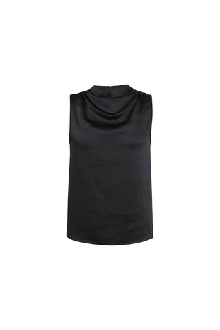 The Mara Silky Top - Black is a sleeveless, mock neck satin blouse with a high neckline and loose, draped fit, displayed against a white background.