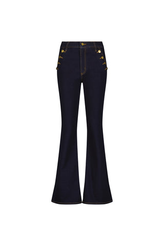 The Allegra Bootcut Jean - Indigo features a dark blue, high-waisted bootcut design with gold button accents on the front pockets for a flattering fit, shown against a white background.