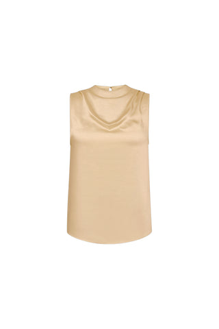 The Mara Silky Top - Champagne is a sleeveless satin blouse in light beige with a subtle cowl neckline, exuding sophistication and displayed against a plain white background.