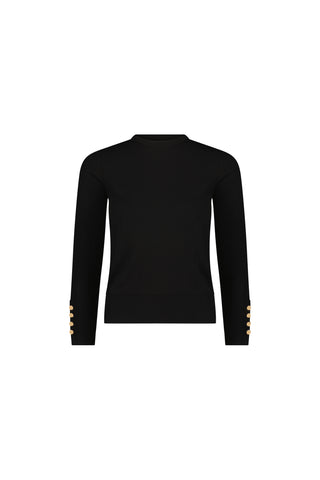 The Marcela Knit Top - Black features a crew neckline, a fitted silhouette, and gold buttons on the lower sleeves. It is shown against a plain white background.
