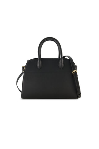 The Margo Leather Bag - Black features genuine leather, a classic silhouette, two short handles, a detachable shoulder strap with gold hardware, and is displayed against a white background.