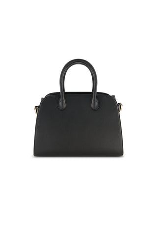 The Margo Leather Bag - Black features a classic dome shape in genuine leather with two rounded handles and a detachable shoulder strap, shown against a plain white background.