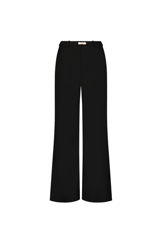 The Martina Belted Trouser - Black features a high waist, wide-leg fit, belt loops, and front closure, shown on a white background.