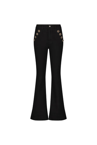 The Allegra Rose Jean - Black features a high-waisted bootcut style with pairs of gold-tone decorative buttons on the front pockets, shown against a white background.
