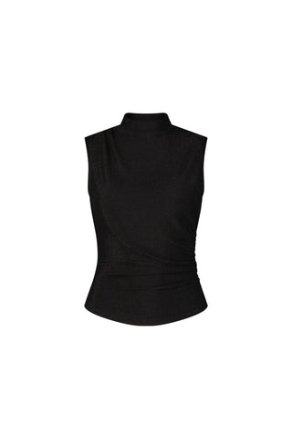 The Mia Shimmer Tank - Black is a sleeveless top featuring a mock neckline and fitted, slightly ruched waist, shown against a white background.
