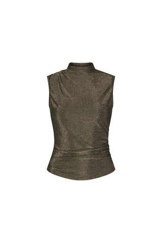 The Mia Shimmer Tank - Gold is a sleeveless, metallic dark gold top with subtle draping and a fitted silhouette, displayed against a plain white background.