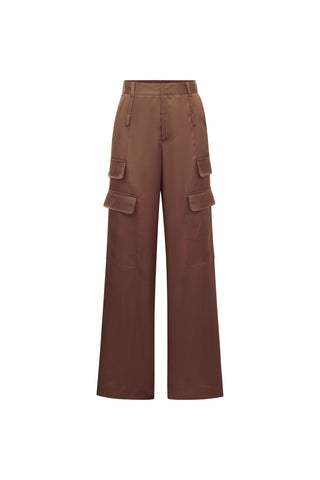 The Milan Satin Cargo Pant in Espresso is a brown high-waisted, wide-leg trouser featuring multiple large side pockets, belt loops, and a flat front, shown on a white background.