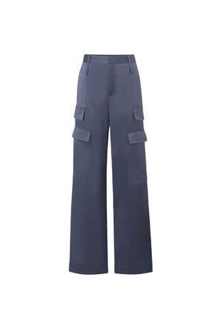 The Milan Satin Cargo Pant - Navy features a high waist, belt loops, satin-like finish, and four front flap pockets, shown against a white background.