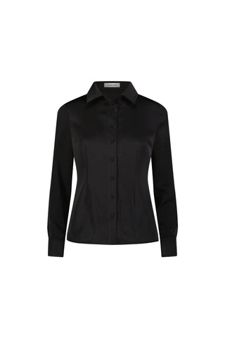 The Paulina Silk Blouse in black features long sleeves, a collared neckline, fitted waist, and buttoned cuffs for a refined twist on the classic tailored blouse, shown against a plain white background.