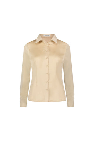 The Paulina Silk Blouse - Gold features long sleeves, a classic collar, and a simple, tailored design for a slimming silhouette. This chic button-down shirt is shown against a plain white background.