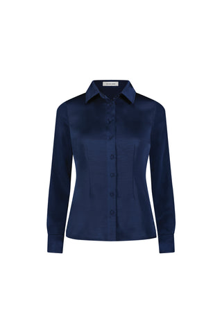 The Paulina Silk Blouse - Navy is a long-sleeve, button-up collared blouse with a fitted cut and subtle vertical seams, made in dark navy silk, displayed on a white background.