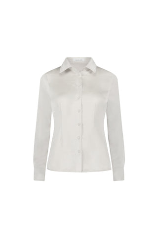 The Paulina Silk Blouse in white features long sleeves, a tailored fit, and a classic collar, showcased on a plain white background.