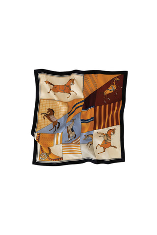 The Printed Satin Scarf - Multi-Horse showcases a silky grid design with hand-drawn horses in dynamic poses, set against backgrounds in brown, gold, cream, and blue tones, all framed by a classic black border.