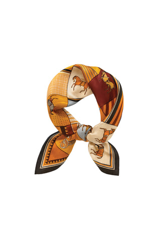 The Printed Satin Scarf - Multi-Horse is a silky accessory showcasing hand-drawn horses, geometric patterns, and warm shades of yellow, orange, red, brown, and beige—perfect for knotting stylishly.