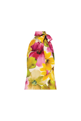 The Rina Tie Neck Blouse - Floral Print is a sleeveless satin halter top with a high neckline, large side bow, and showcases vibrant yellow, pink, green, and red watercolor florals on a white background.