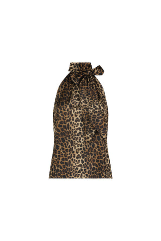 The Rina Tie Neck Blouse - Leopard features a bold leopard print on a plain white background, with a sleeveless design, high neckline, and an elegant bow tied at the neck.