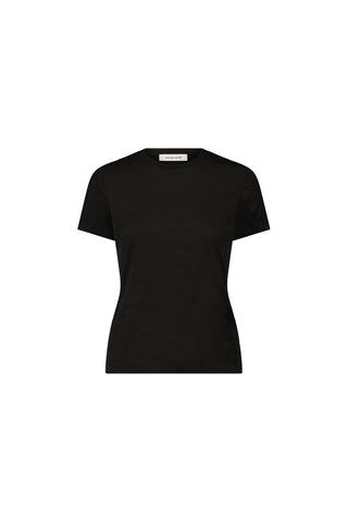 The Amaya Suede T-Shirt - Black is a short-sleeved, crew neck tee with an ultra-soft feel and classic, logo-free design, displayed centered on a white background.