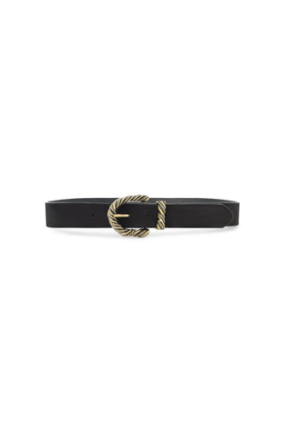 The Samantha Belt - Black is a western leather belt with a decorative gold cowboy buckle featuring a twisted rope design, shown against a white background.
