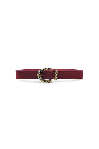 The Samantha Belt - Merlot features maroon leather and a gold, textured cowboy buckle, displayed on a white background.