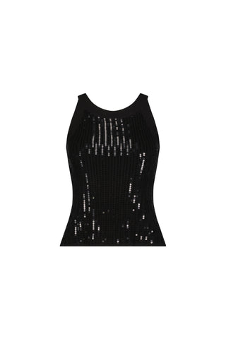 The Shae Sequin Halter Tank in black features a fitted, sleeveless silhouette with a high neckline, shown against a plain white background.