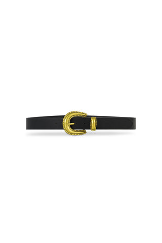 The Shelly Belt - Black is a black leather western belt with a gold cowboy buckle featuring rope-like detailing, shown on a white background.