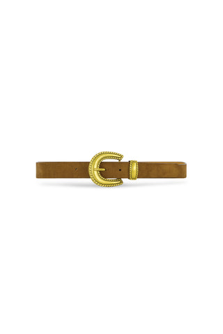 The Shelly Belt - Cognac features suede material and a large, ornate gold cowboy buckle with decorative detailing, showcased on a white background.