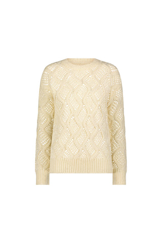 Sonja Wave Sequin Sweater in Pearl features long sleeves, a textured diamond and cable knit wave pattern, ribbed crew neck, hem and cuffs, with subtle sequins for added shine, displayed on a white background.