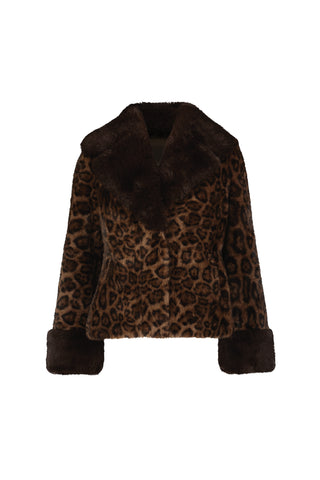 The Sydney Fur Trim Coat - Leopard features a chic animal print with a dark brown wide collar and cuffs, shown on a plain white background—perfect as a stylish cold-weather option.