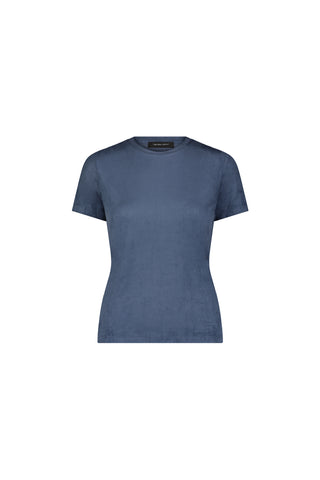 The Amaya Suede T-Shirt - Blue, a fitted, ultra-soft crew neck tee with short sleeves in solid steel blue, is shown against a plain white background.