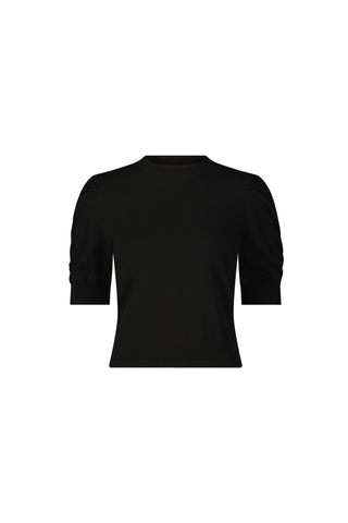 The Sylvie Knit Top - Black features short, slightly puffed sleeves, a round neckline, and a fitted waist—an essential crewneck knit for your Fall wardrobe, showcased against a white background.
