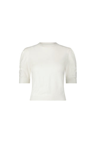 The Sylvie Knit Top - Pearl is a white crewneck knit with short sleeves and subtle ruching, ideal for updating your fall wardrobe. Shown on a plain white background.