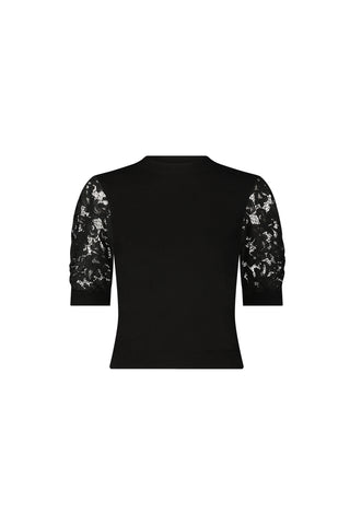 The Sylvie Lace Sleeve Top - Black features a fitted knit crewneck body with sheer floral lace sleeves, offering a delicate contrast to the solid fabric for an elegant wardrobe staple.