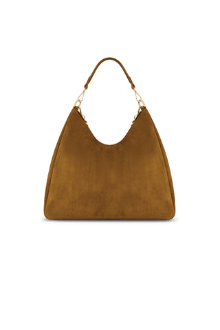 The Tribeca Chain Suede Bag - Cognac, a brown suede hobo handbag with a single shoulder strap and gold chain detail, is elegantly displayed on a white background.