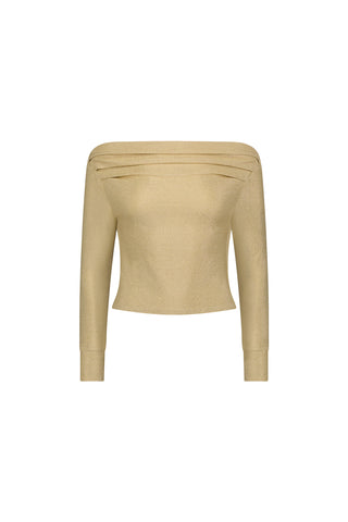 The Victoria Shimmer Top - Gold features an off-the-shoulder long sleeve boat neck design, a fitted silhouette, and subtle golden shimmer fabric, shown against a white background.