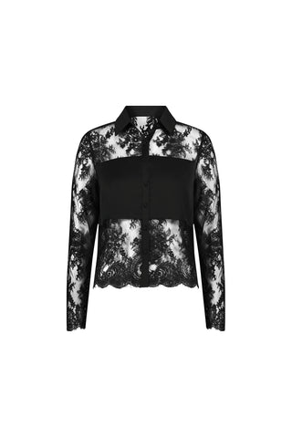 The Vienna Lace Blouse - Black features sheer lace on the sleeves, lower torso, and chest, with solid black fabric at the bust and collar. Front buttons complete this elegant blouse.